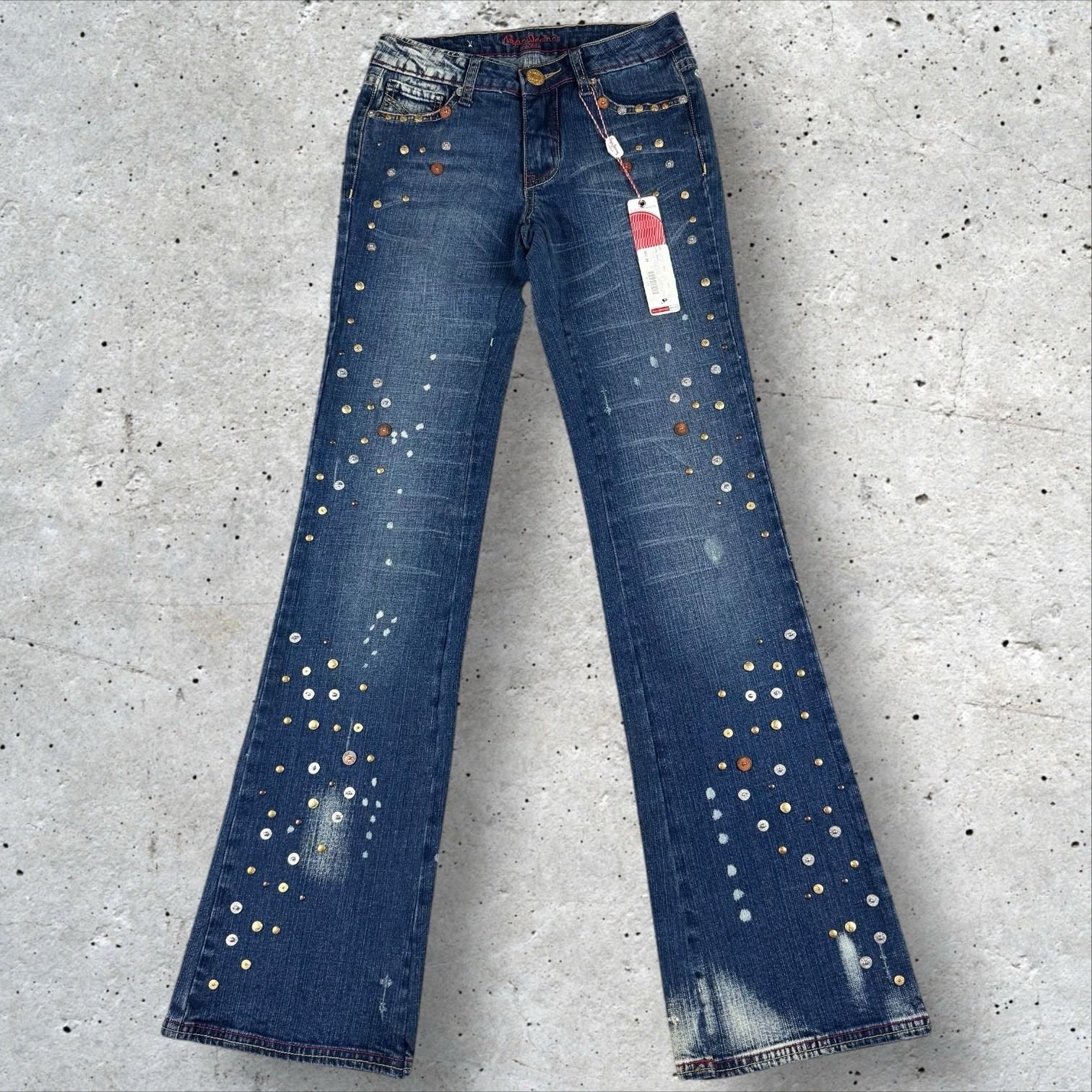 Vtg Y2k Deadstock Pepe Jeans Low Rise Flare Riveted Grommet Buckle Back Sz 24